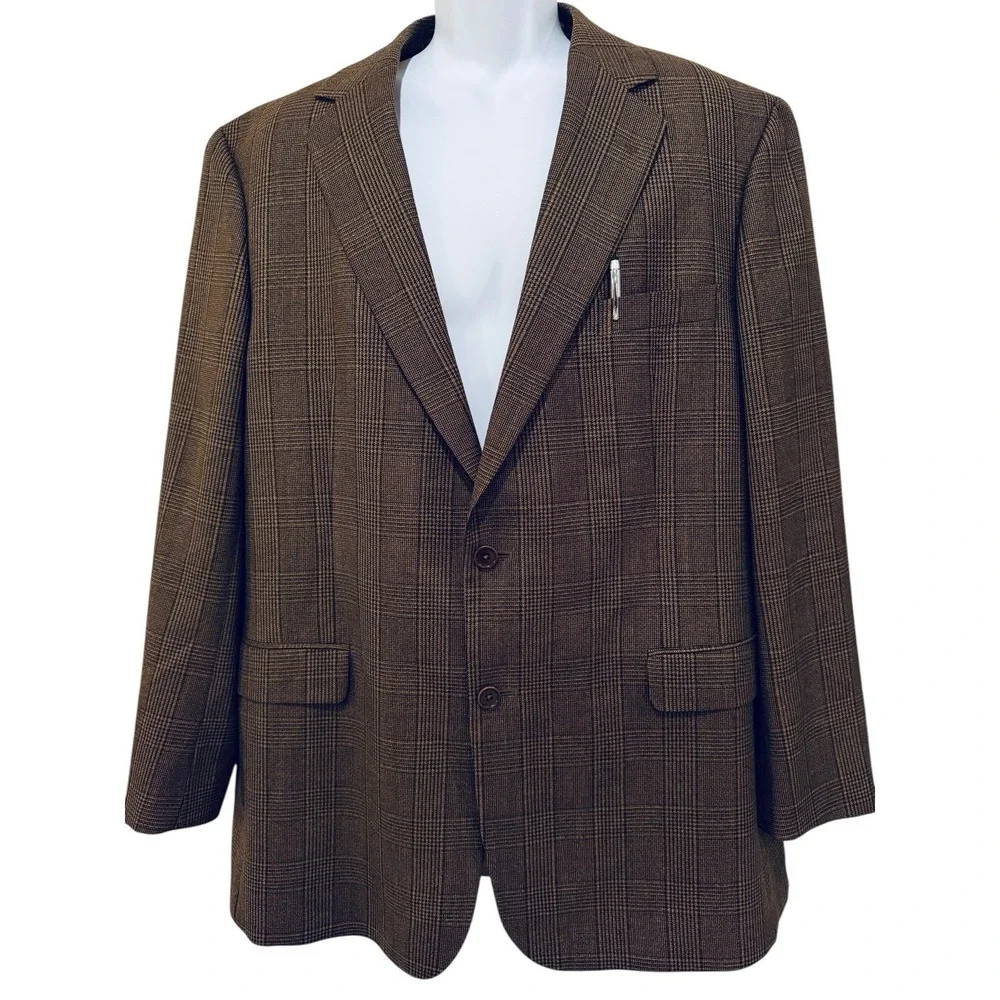 VTG Brooks Brothers Blazer 46L LONG Wool Brown Glen Plaid Sport Coat‎
